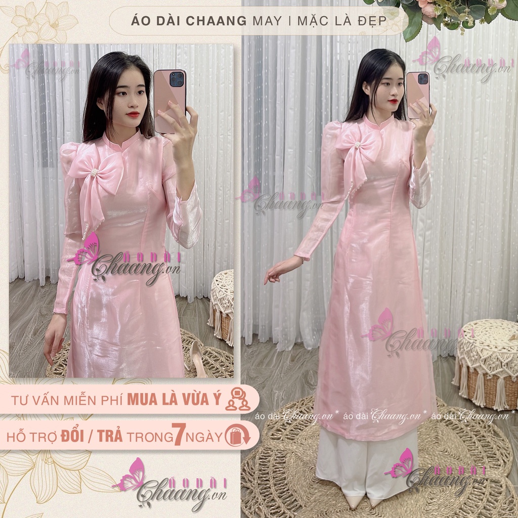 Áo Dài Cách Tân Nữ Đính Nơ Tơ Óng Trên Ngực CHAANG May Sẵn 4 Tà Tay Bồng Lỡ Đẹp