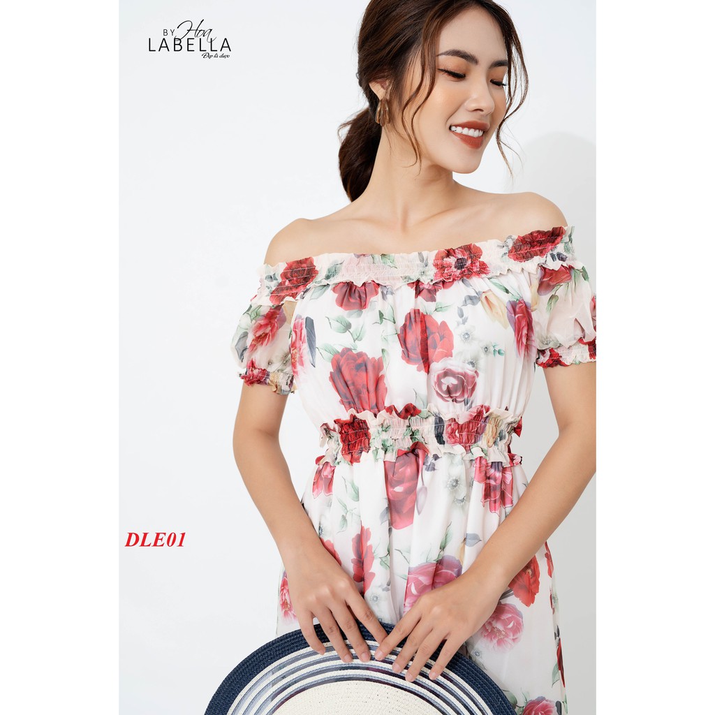 Đầm Maxi Dáng xòe, trễ vai, chất liệu voan lụa phù hợp đi biển, dự tiệc HOALABELLA mã DLE01 | BigBuy360 - bigbuy360.vn