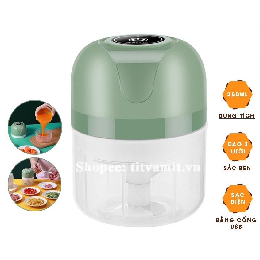 Máy xay tỏi ớt, rau củ quả mẫu hộp xanh lá, máy xay cầm tay mini đa năng 250ML tiện lợi - Kèm Dây Sạc USB