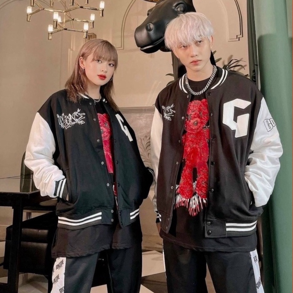 Áo khoác nỉ bomber nam nữ dù form rộng cao cấp, áo khoác nhung tăm họa tiết chữ G tweed đẹp phối gió màu đen K016