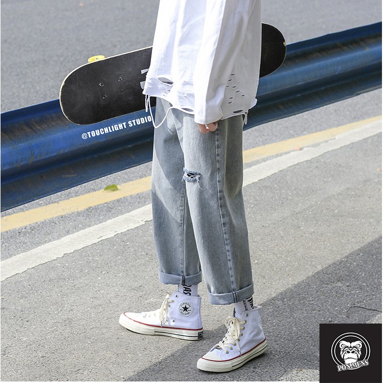 Quần jean ống suông rộng nam nữ màu xanh ghi nhạt rách 2 bên 653 | BigBuy360 - bigbuy360.vn