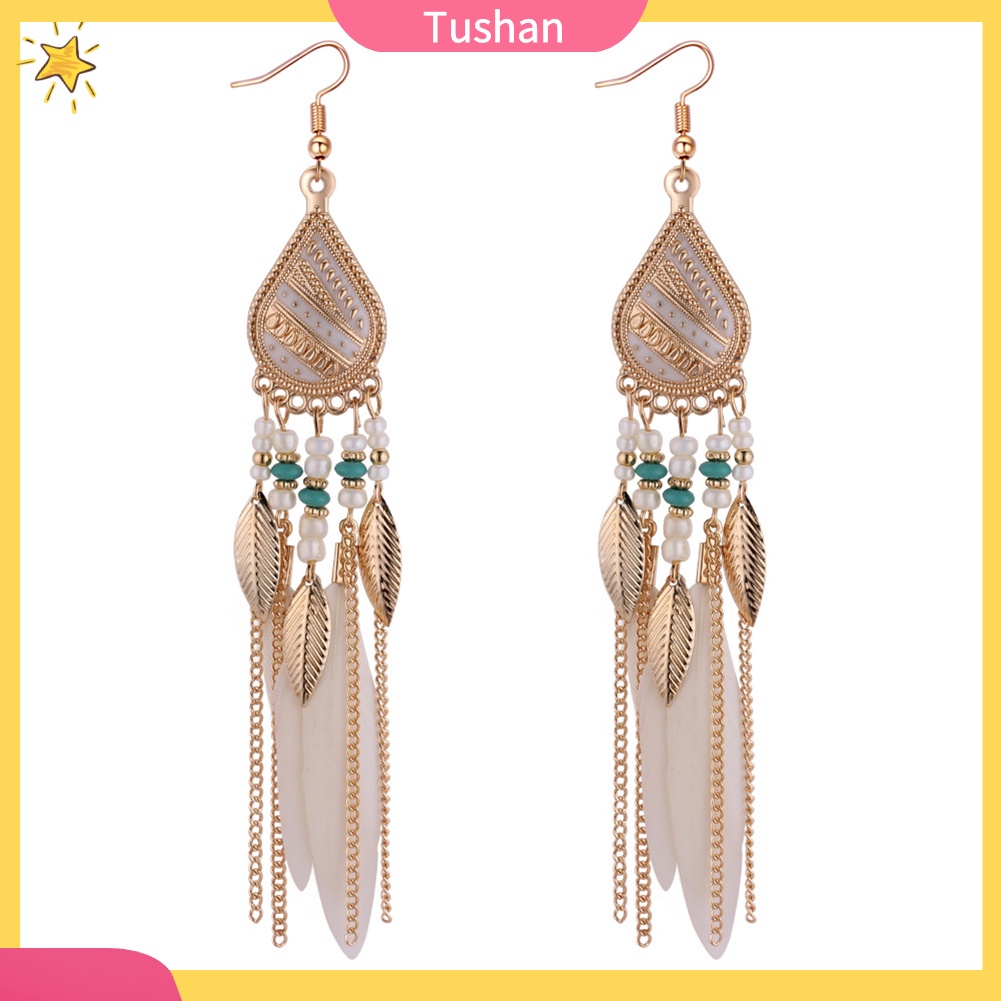 Khuyên tai dáng dài đính lông vũ phong cách thanh lịch dành cho nữ