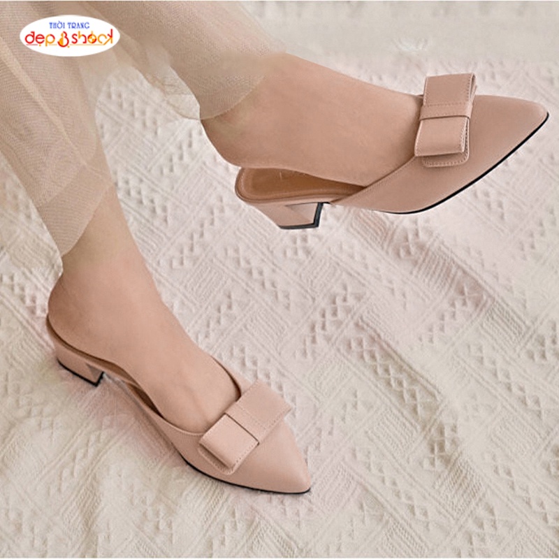 Giày sục cao gót mũi nhọn 5 phân đính nơ thời trang có big size 42 43 Depvashock X01