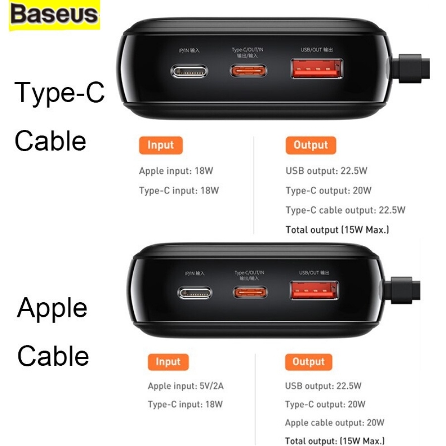 Pin sạc dự phòng Baseus 20000mAh PD, pin dự phòng 22.5W tích hợp sẵn cáp cho điện thoại thiết kế dễ dàng mang theo