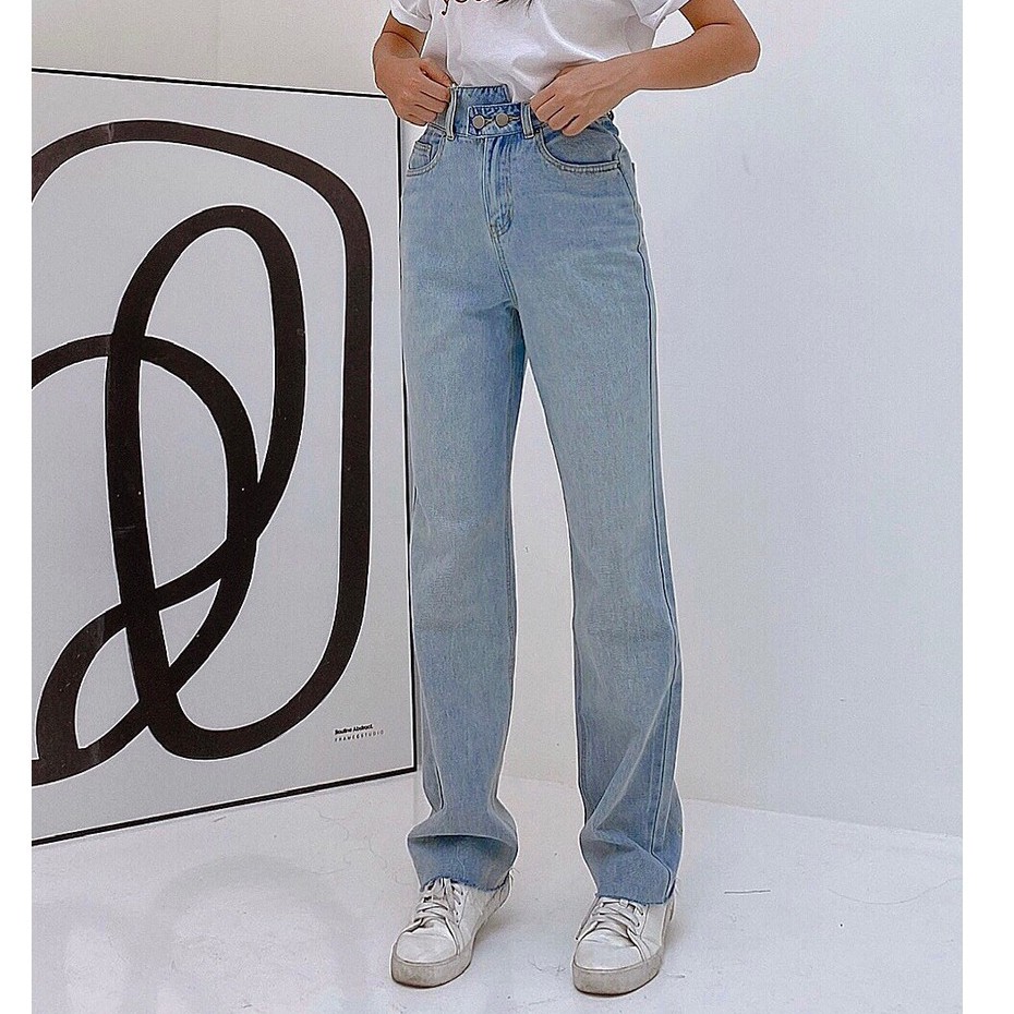Quần jeans ống suông cài nút xéo MIEU - HA12