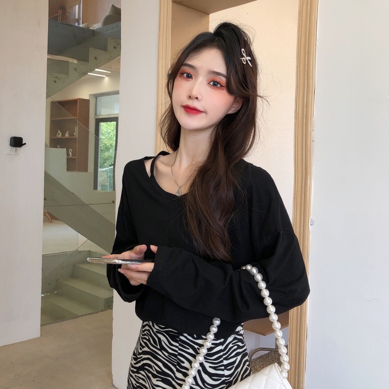 ZHELIHANGFEI Áo Thun Tay Dài Cổ Chữ V Form Rộng Kiểu Dáng Đơn Giản Dễ Phối Đồ