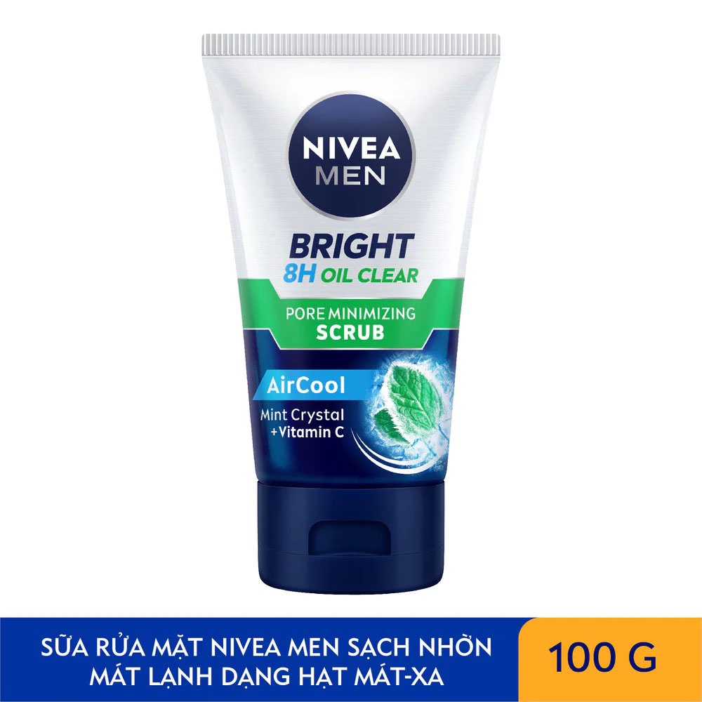 Sữa Rửa Mặt Nivea Men Sạch Nhờn Mát Lạnh Hạt Mát Xa Bright 8H Oil Clear 100g