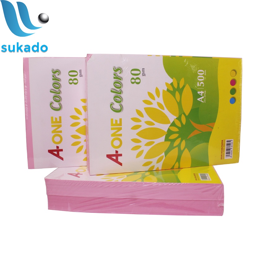 Giấy Ford màu A4 Paper One/TenPlus 80gsm 500 tờ (Xanh, vàng, x.lá, hồng) SUKADO