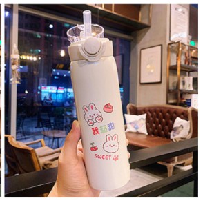 Bình giữ nhiệt cute 500ml bình nước inox 304 họa tiết dễ thương có ống hút