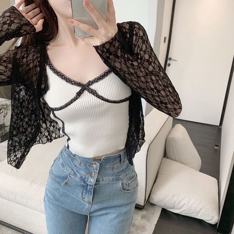 Áo Khoác Cardigan Ren Siêu Mềm Sexy Che Khuyết Điểm Phối Mix Áo Váy Hai Dây Cho Nữ Phong Cách Hàn Quốc Ngọt Ngào