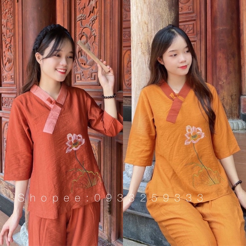 Đồ Lam Đi Chùa# Một Nút Thêu Hoa Vải Cao Cấp