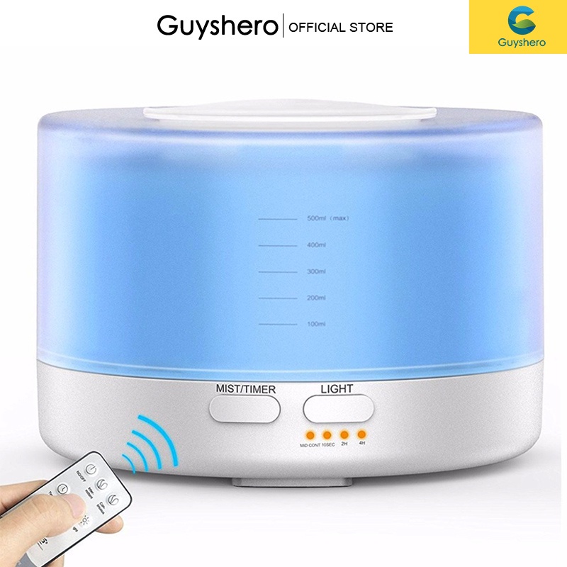 Máy phun sương tạo ẩm GUYSHERO dung tích 500ml có điều khiển thiết kế đèn LED 7 màu chất lượng cao