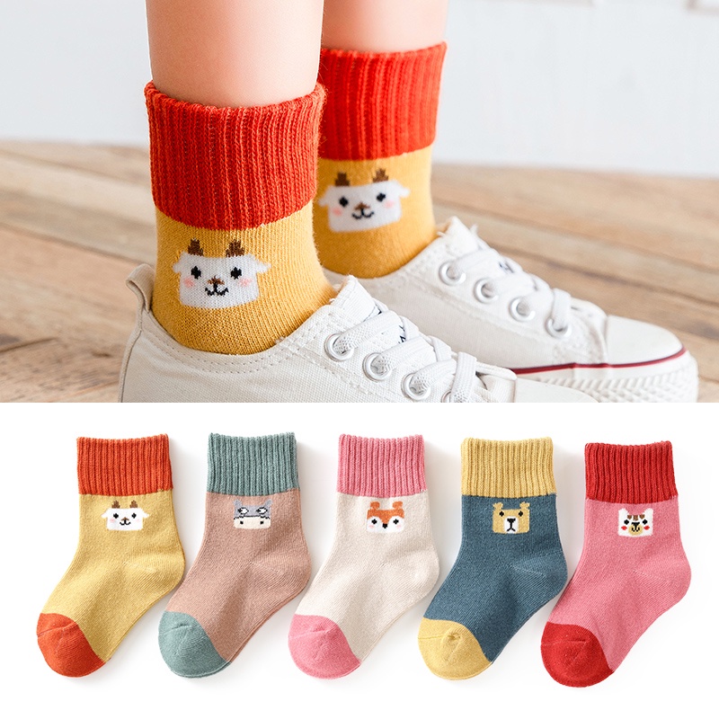 Set 5 Đôi Vớ Cổ Trung In Họa Tiết Hoạt Hình Màu Sắc Tương Phản Thời Trang Cho Bé