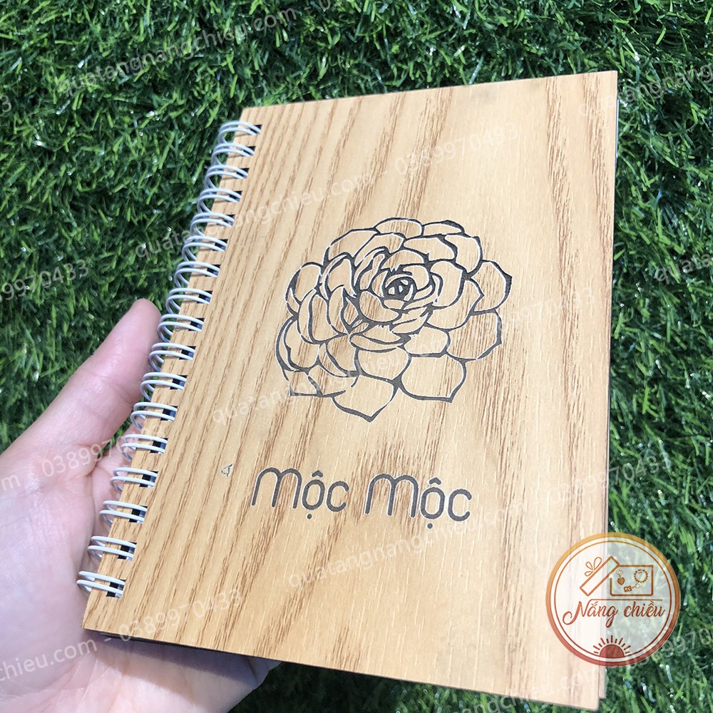 SỔ TAY BÌA GỖ HANDMADE - Sổ tay khắc hình sen đá làm quà tặng - Và khắc các hình ảnh khác theo yêu cầu