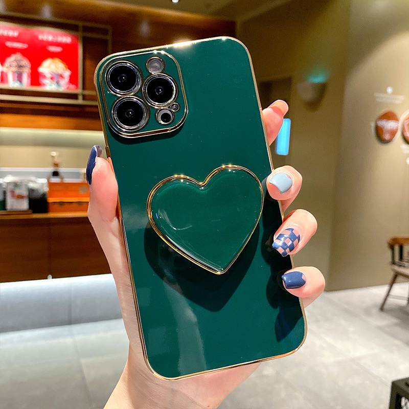 Ốp Điện Thoại Viền Vuông Mạ Điện Kèm Giá Đỡ Hình Trái Tim Cho IPhone 13 12 11 Pro Max XS Max XR X 8 7 Plus