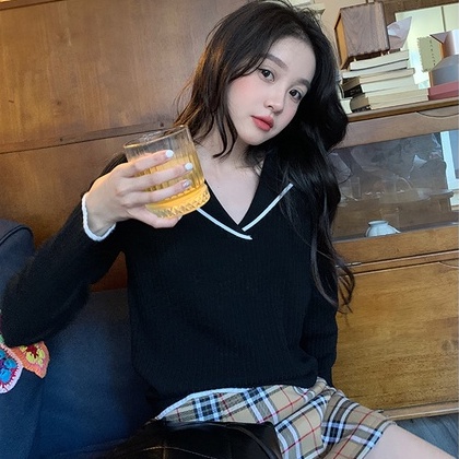 【ZHELIHANGFEI】Áo Sweater Tay Dài Cổ POLO Dáng Rộng Lưng Cao Dễ Phối Đồ