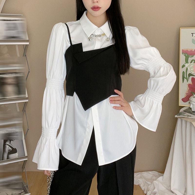 Hàng Có Sẵn Set Áo Sơ Mi Ngắn Sát Nách Và Chân Váy Thiết Kế Không Đều Màu Sáng Phong Cách Mature Cho Nữ