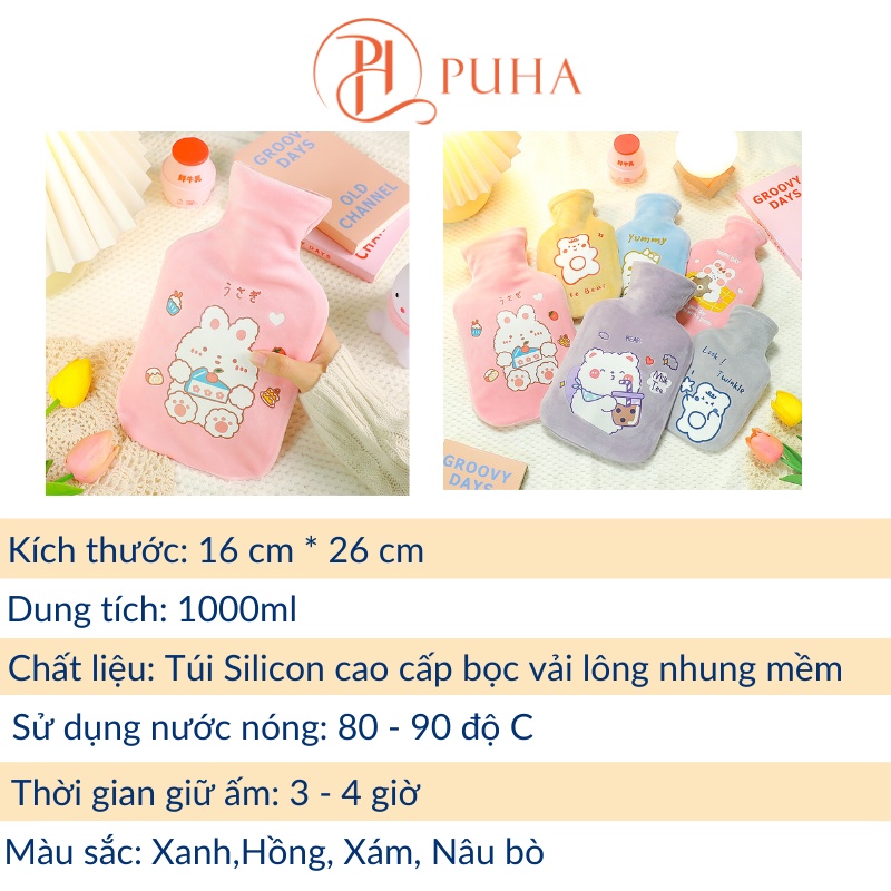 Túi chườm nóng lạnh đa năng sưởi ấm giữ nhiệt giảm đau bụng kinh cho nữ Puha 1000ml họa tiết cute dễ thương