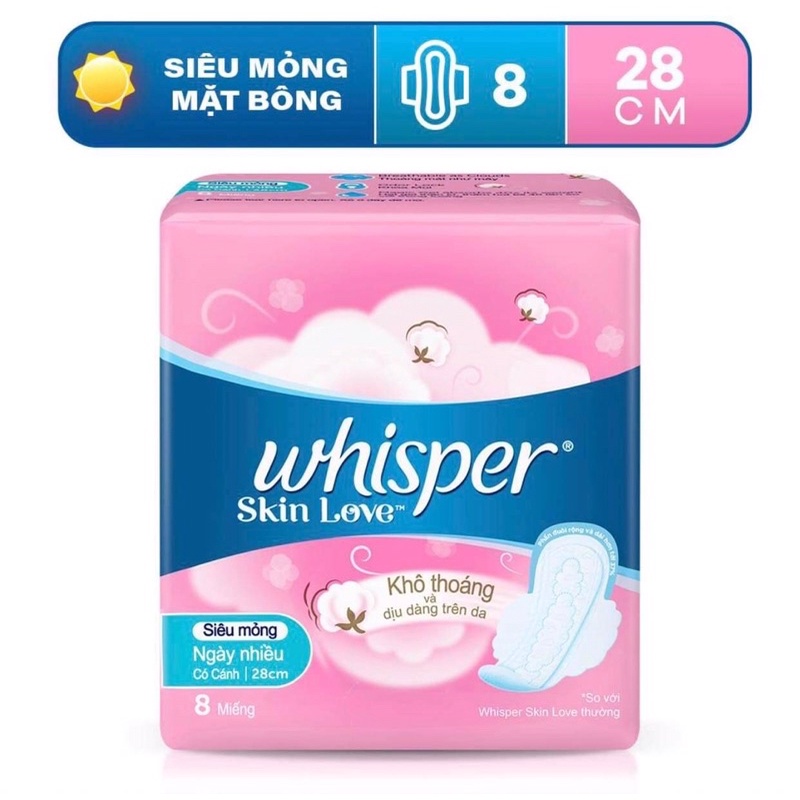 Băng vệ sinh Whisper Skin Love mặt bông siêu mỏng cánh loại cho ngày và đêm (24cm/28cm/31cm)