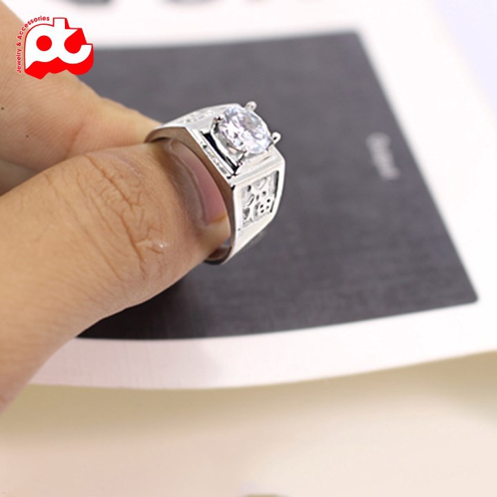 Nhẫn inox nam chữ phước đính xoàn màu trắng thép không gỉ HSNNA230