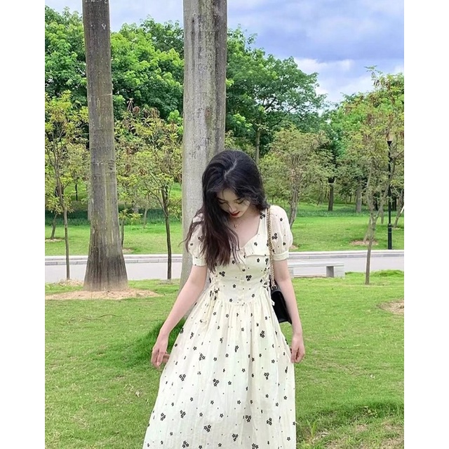 Váy hoa nhí Vintage đan dây eo màu be