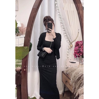 Set đầm hai dây maxi kèm áo khoác dài tay 2 màu ĐEM- XÁM chất thun gân dày dặn FREESIZE DƯỚI54KG MIDORI247