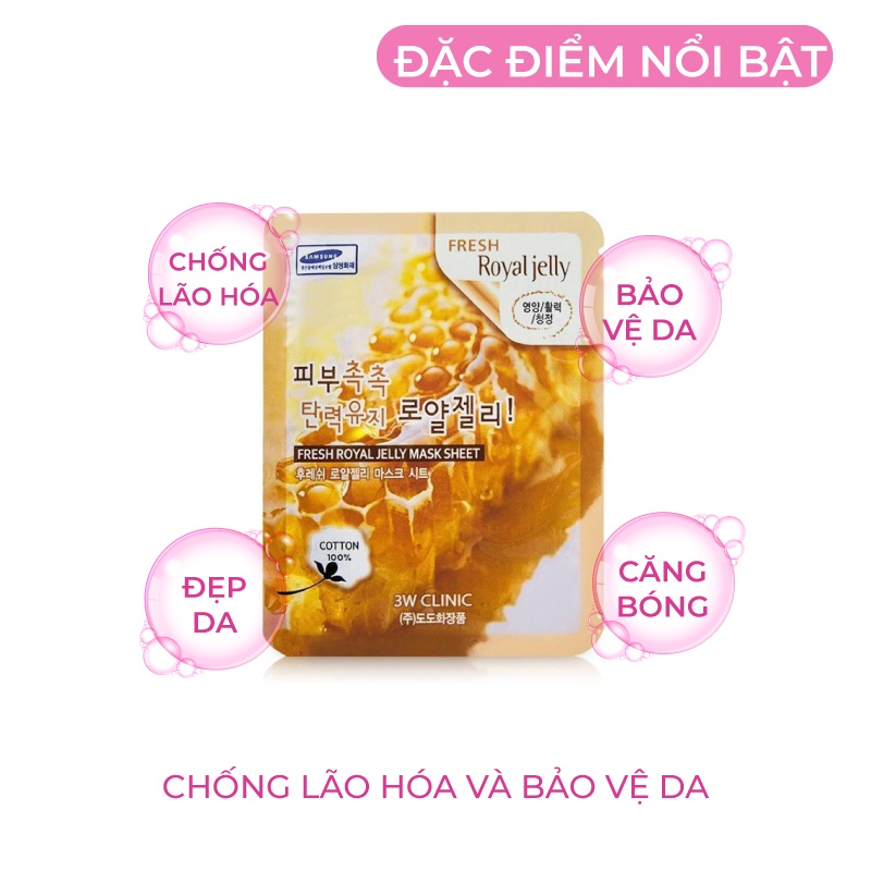 [Lẻ Miếng] Mặt nạ giấy dưỡng trắng da dưỡng ẩm chống lão hóa chiết xuất từ sữa ong chúa 3W Clinic Hàn Quốc  23ml