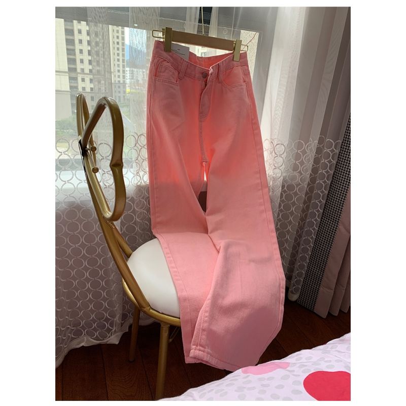 Quần denim màu hồng ống rộng lưng cao phong cách hè thời trang 2021 cho nữ