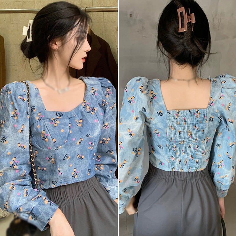 Áo denim cổ vuông tay dài họa tiết hoa sành điệu trẻ trung cho nữ | BigBuy360 - bigbuy360.vn