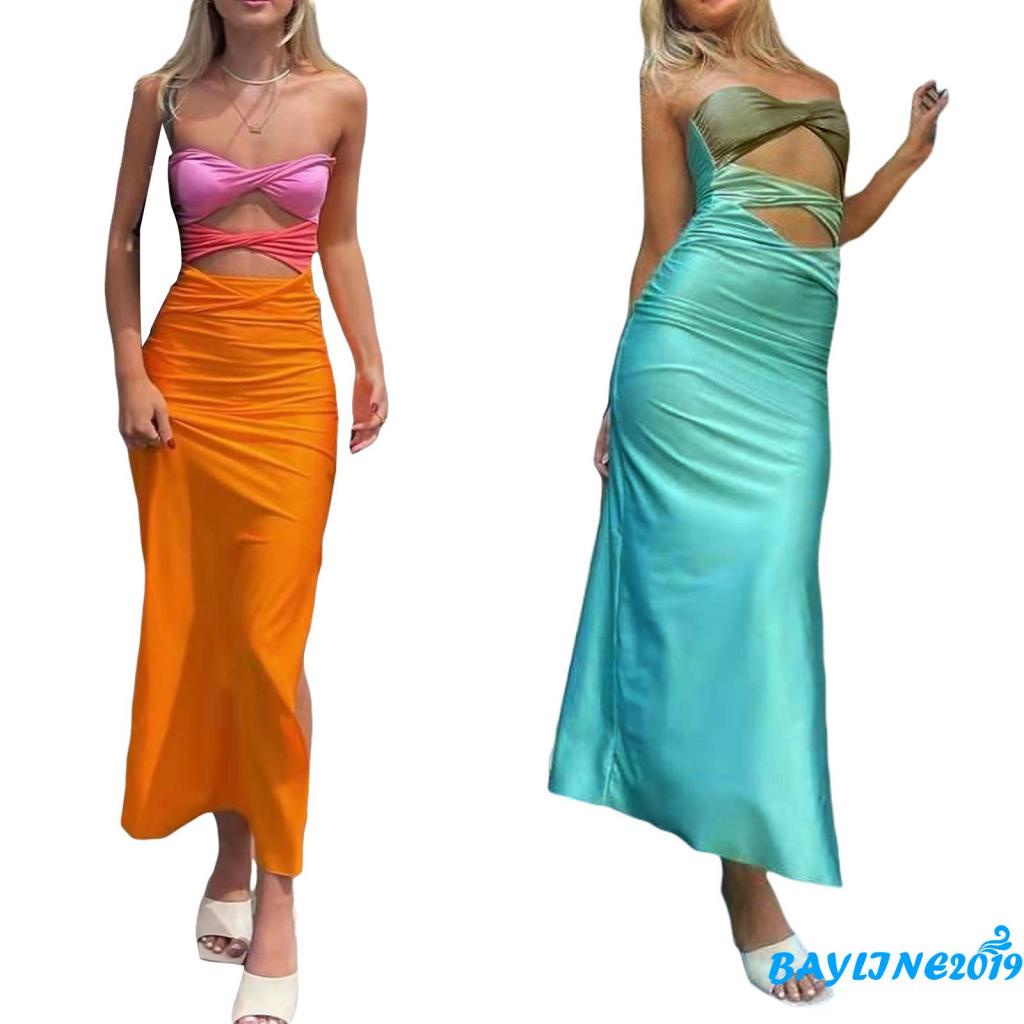 Đầm Midi Ôm Dáng Không Dây Xoắn Màu Tương Phản Thời Trang Cho Nữ