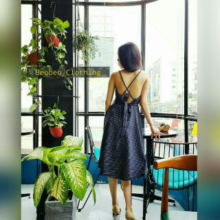 [CLIP THẬT]Đầm maxi sọc hở lưng cột nơ eo ulzzang