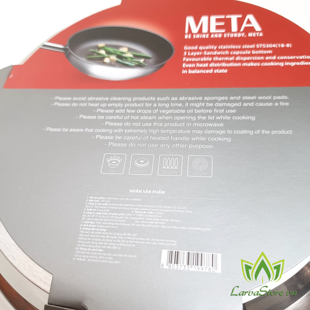 Chảo inox 304 Meta Chính Hãng Lock&amp;Lock LTP1243 24cm Chống dính 3 lớp (đáy từ)