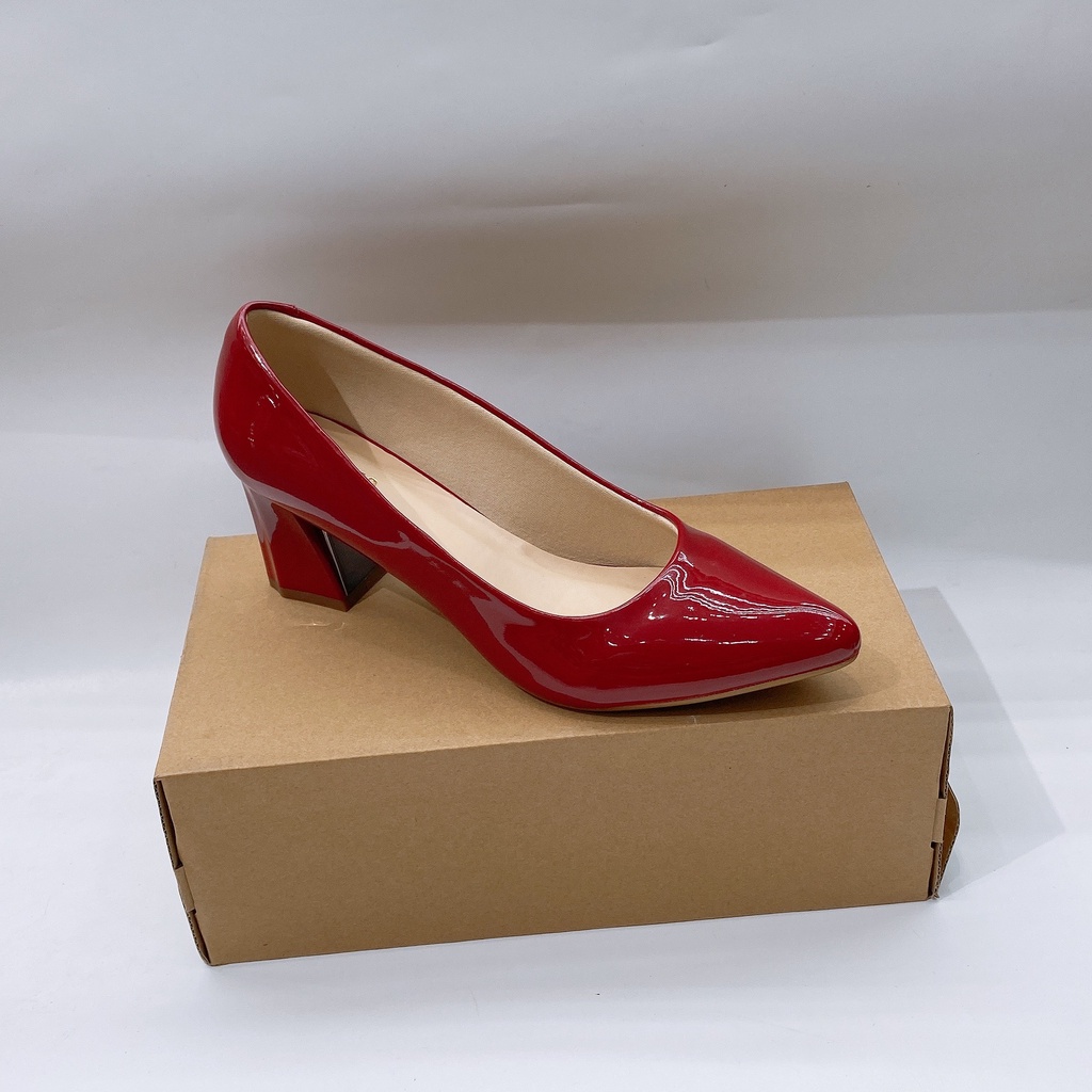Giày cao gót nữ màu đỏ da bóng gót vuông cao 5cm đi êm chân (ảnh thât) A603