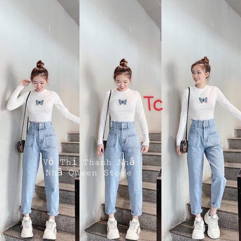 Quần jean nữ lưng cao co giãn dáng dài, quần bò nữ cạp cao có túi basic- Contica