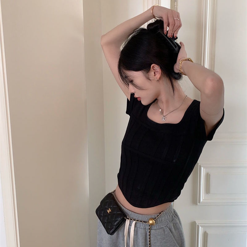 COZOK Áo Thun Ngắn Tay Cổ Vuông Dáng Ôm Hở Eo Xinh Xắn Thời Trang