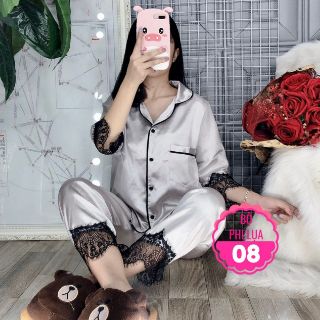 Đồ bộ pijama phi lụa viền ren tay lỡ size dưới 60kg