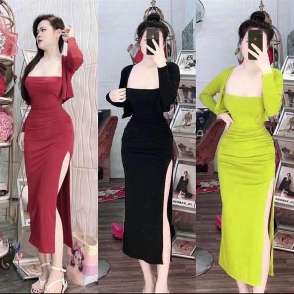 Set đầm body nữ 2 món đầm ống dáng dài xẽ tà kèm áo khoác tay dài chất thun gân hot 72