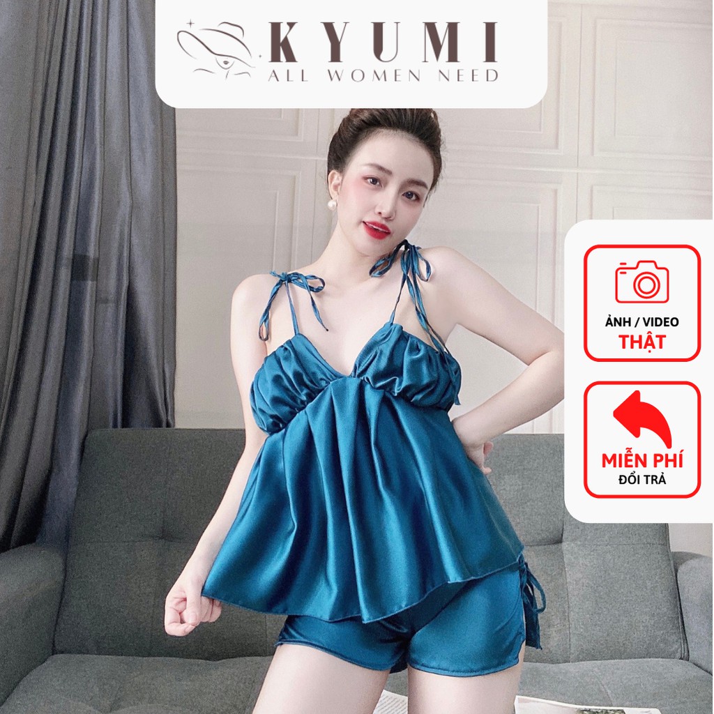 Đồ ngủ sexy đồ ngủ 2 dây xếp ly ngực cột nơ lưng KYUMI OFFICIAL, chất liệu lụa satin, freesize 40-65kg tùy chiều cao 031 | BigBuy360 - bigbuy360.vn
