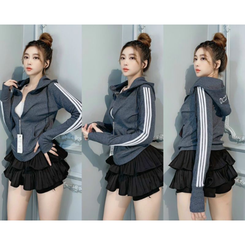 Áo khoác thun có nón tay dài phối sọc trắng siêu xinh rẻ đẹp