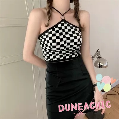 DUNEA Áo Hai Dây Họa Tiết Sọc Caro Thiết Kế Độc Đáo Quyến Rũ Cho Nữ