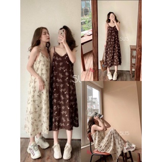 Đầm nữ hoa nhí cổ v 2 dây, đầm vintage, đầm đi biển, đầm maxi