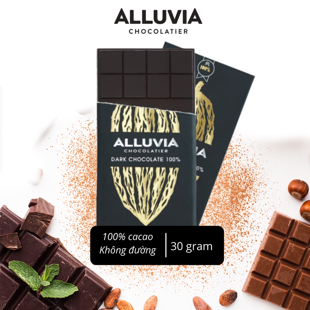 Socola đen nguyên chất không đường Alluvia 100% thanh nhỏ 30 gram đắng Dark chocolate 100% sugar free