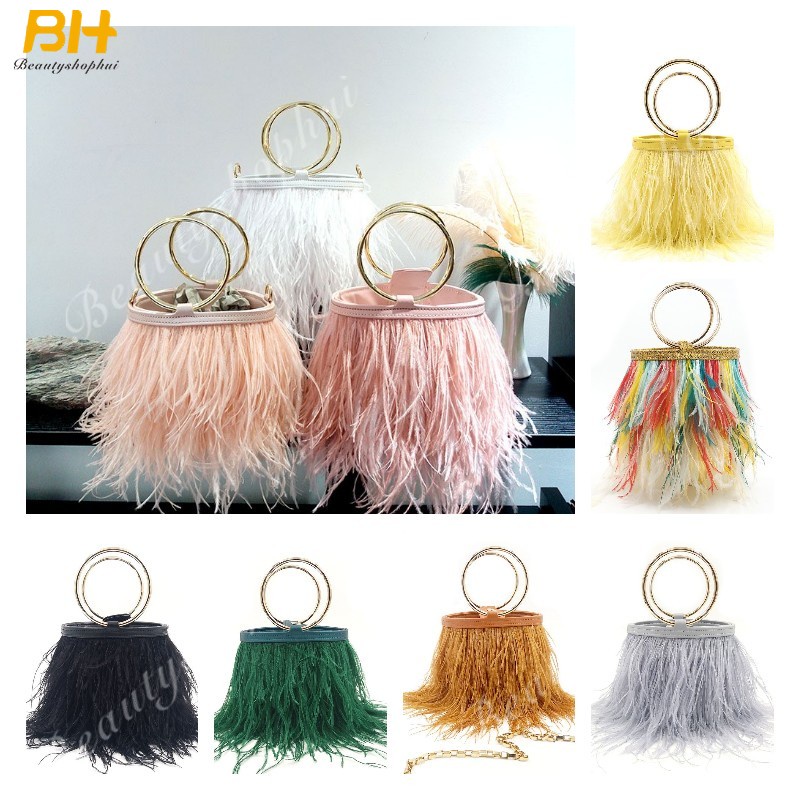 Túi Xách Lông Đà Điểu Phối Dây Xích Đeo Vai Thời Trang Cho Nữ