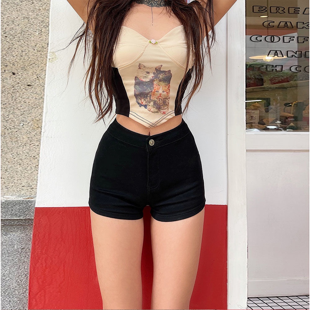 Quần short bò co giãn cạp cao hot girl hot girl quần chữ A dài tôn dáng tôn dáng ôm mông gợi cảm bó sát mùa hè cho nữ