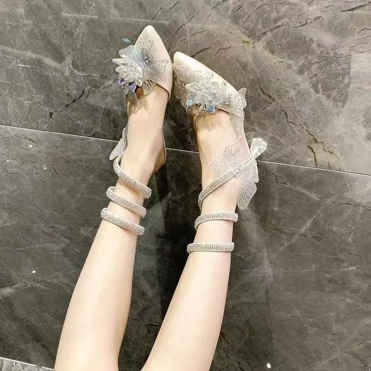 giày sandal 7cmGiàyDép Nữ dép thời trang giày caodép cao từgiày nữ caodép gótGuốc/Dép nữGiàydép đế caogiày 7cm℡☽▨Snake-shaped winding sandals 2021 summer new style rhinestone bow high-heeled fairy stiletto-heeled Roman female