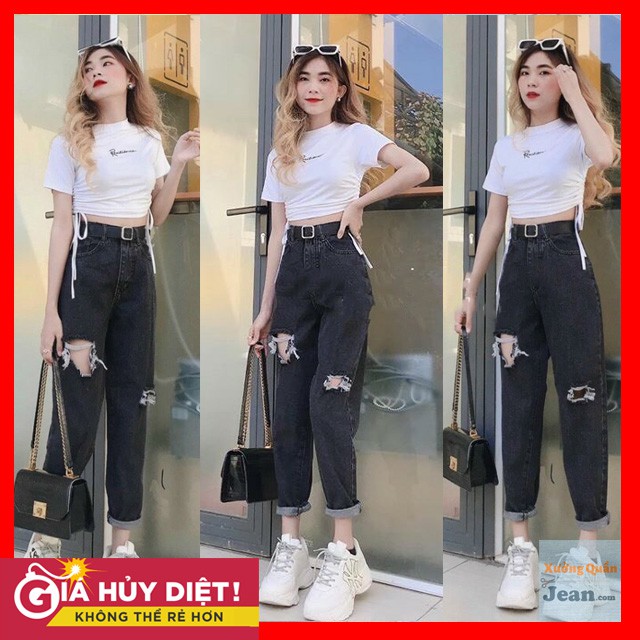 Quần Baggy Jean Rách, Lưng Cao Màu Đen Cực Cá Tính 454
