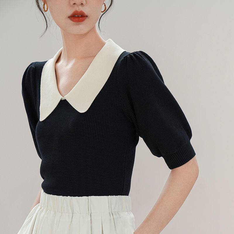 Áo Dệt Kim Tay Phồng Cổ polo Dáng Ôm Thời Trang Pháp Cổ Điển Cho Nữ