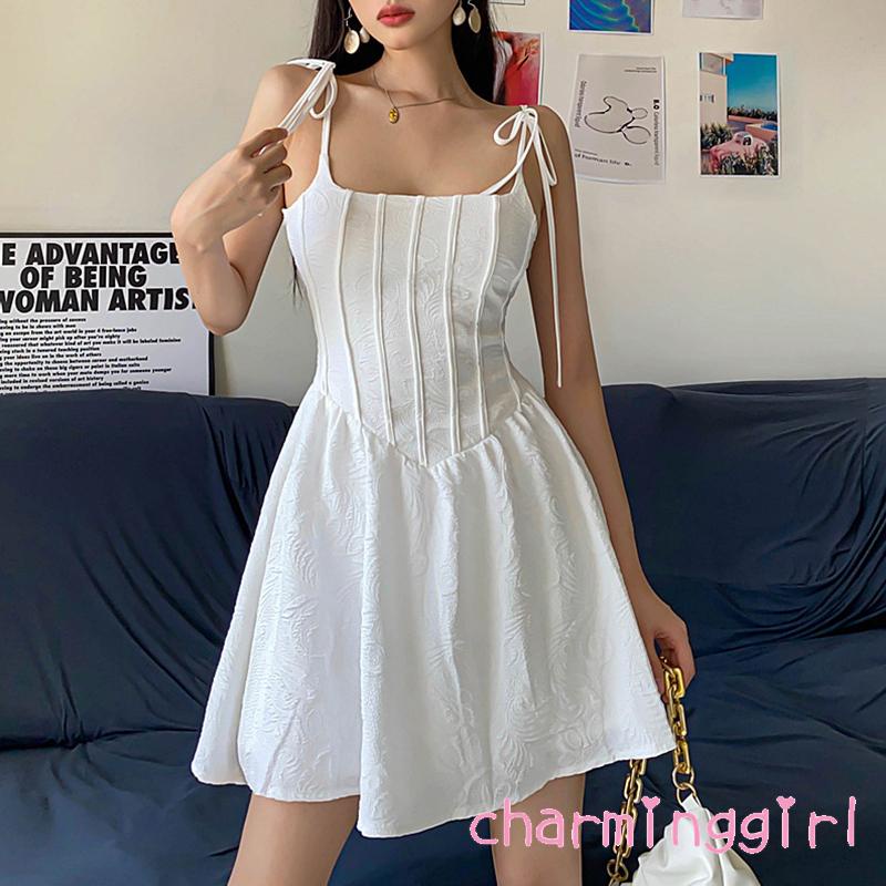Đầm Chữ A Hai Dây Màu Trơn Eo Cao Đính Nơ Họa Tiết Kẻ Sọc Cho Nữ