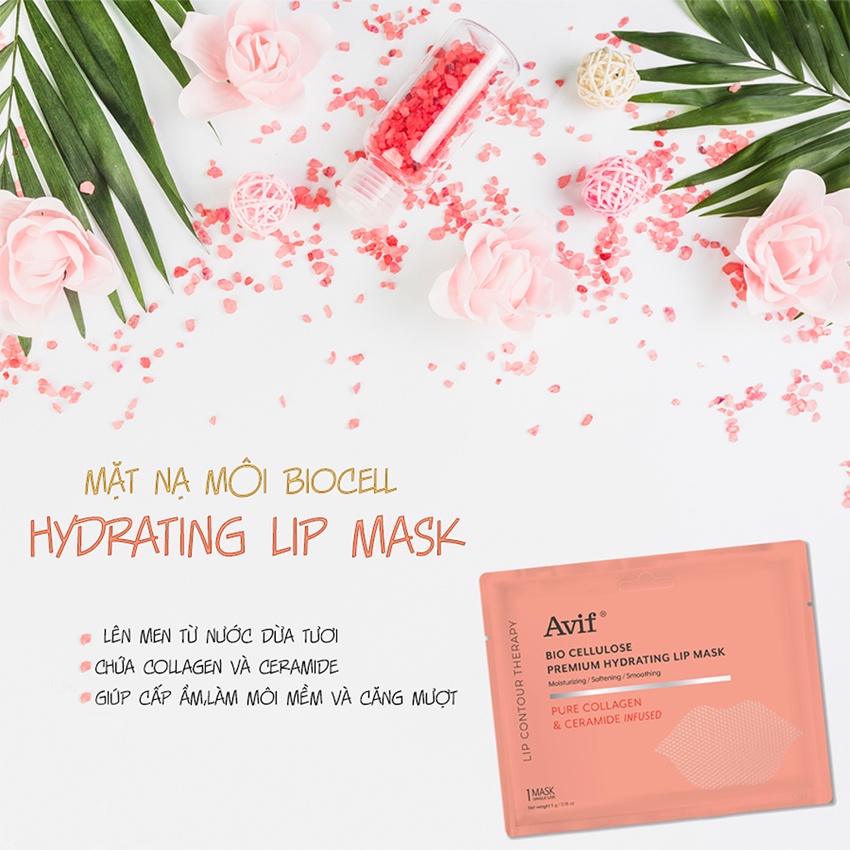 Mặt nạ môi collagen tươi dưỡng môi AVIF Bio Cellulose Premium Hydrating Lip Sleeping Mask 5g cấp ẩm làm hồng chống nẻ