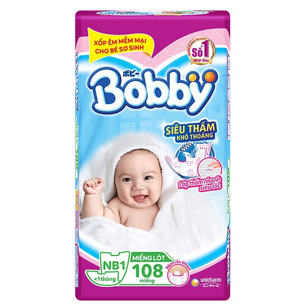 Miếng Lót Sơ Sinh Bobby NB1 108 miếng cho bé DƯỚI 1 tháng TẶNG 3 MIẾNG TÃ DÁN SƠ SINH